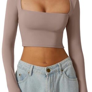 QINSEN Women's Sexy Square Neck Crop Top Long Sleeve Slim Fit Cropped T Shirts